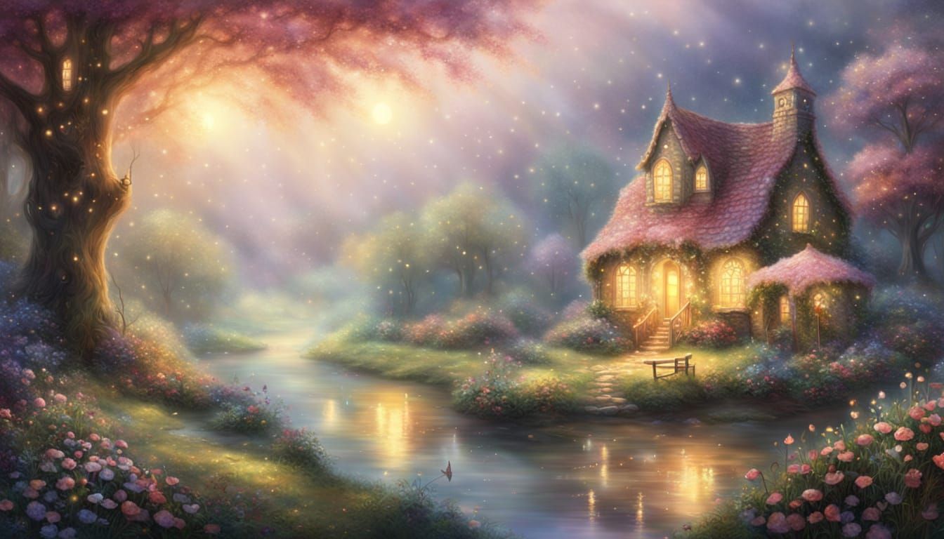 Fairy in Fairyland in Thomas Kinkade Style