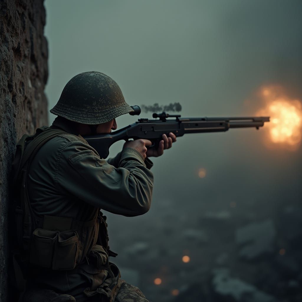 WWII Elite Soldier in Stealth Mode, Camouflaged and Focused