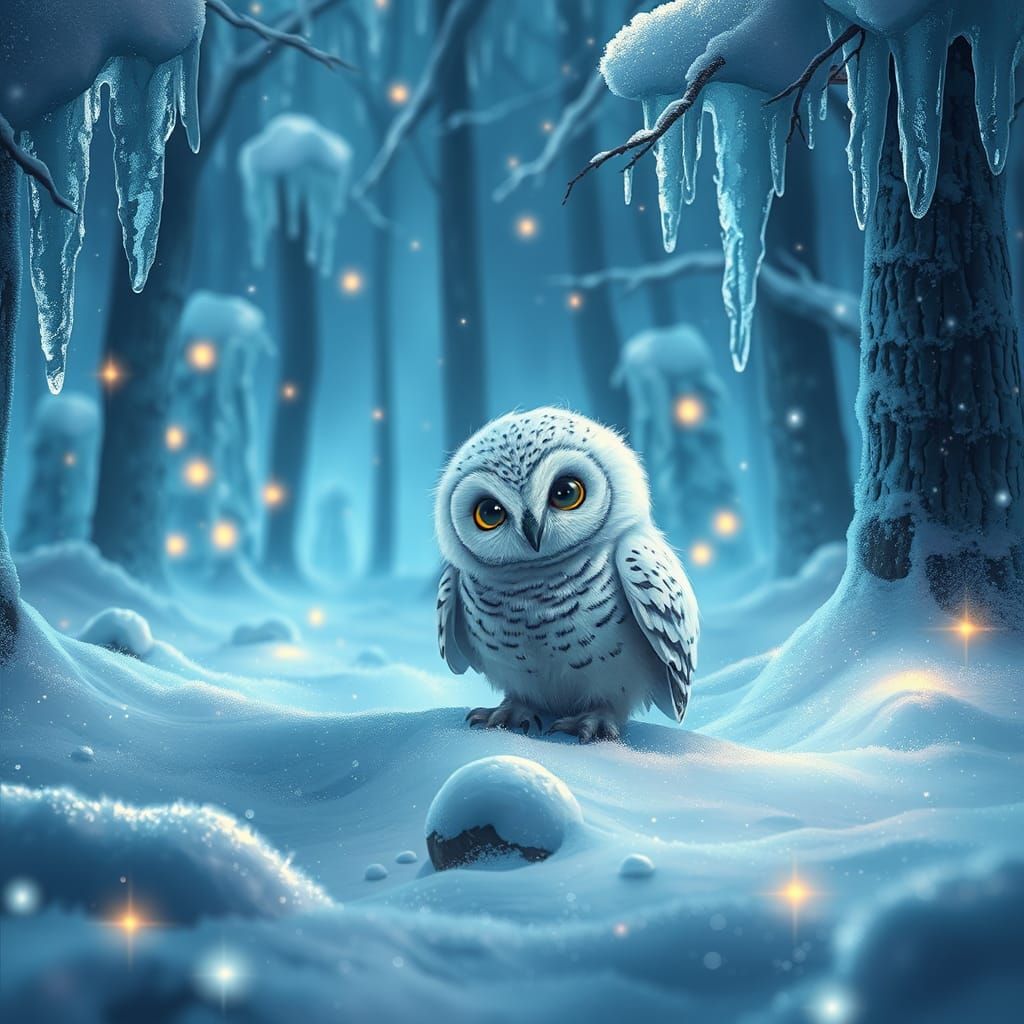 Baby Snowy Owl in Whimsical Winter Forest