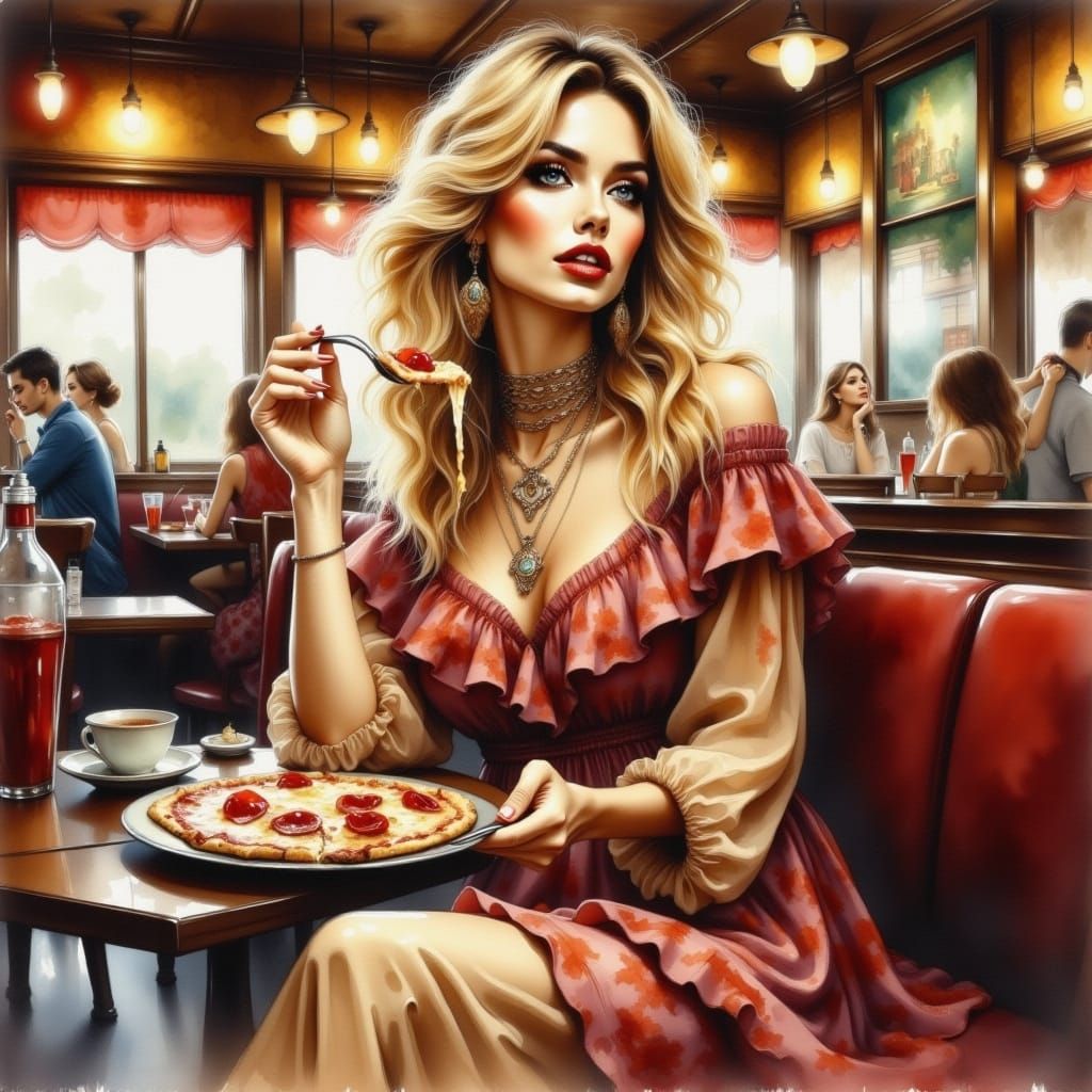 Boho Blonde Woman Enjoying Pizza: Oil Painting Style