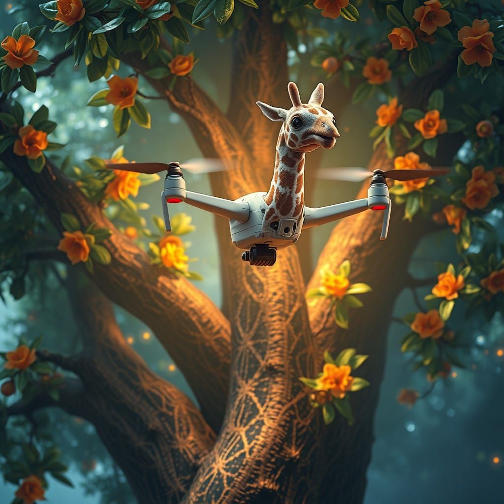 Majestic Giraffe in Exotic Tree, Captured by Dron in Detaile...