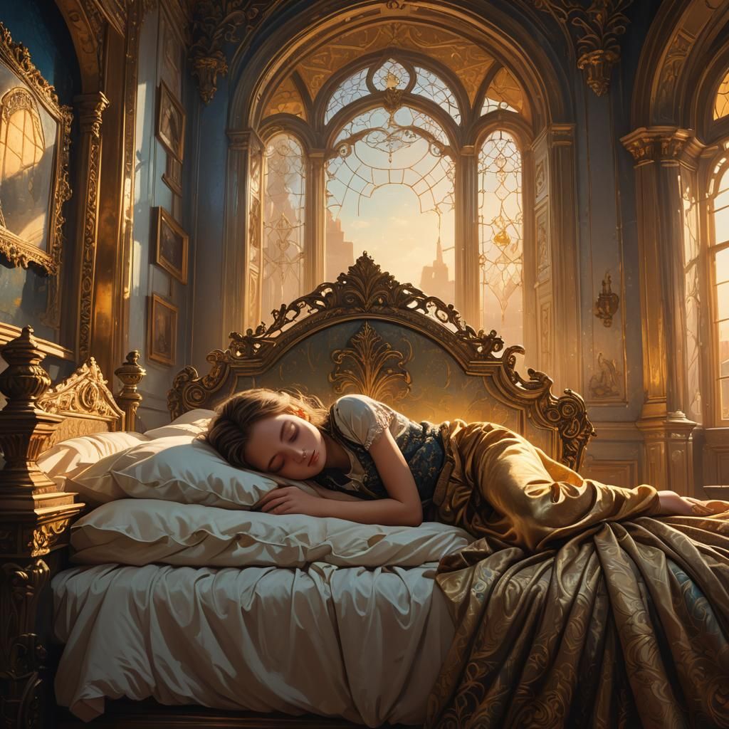 Girl Sleeping in Deserted Mansion: Fantasy Digital Art
