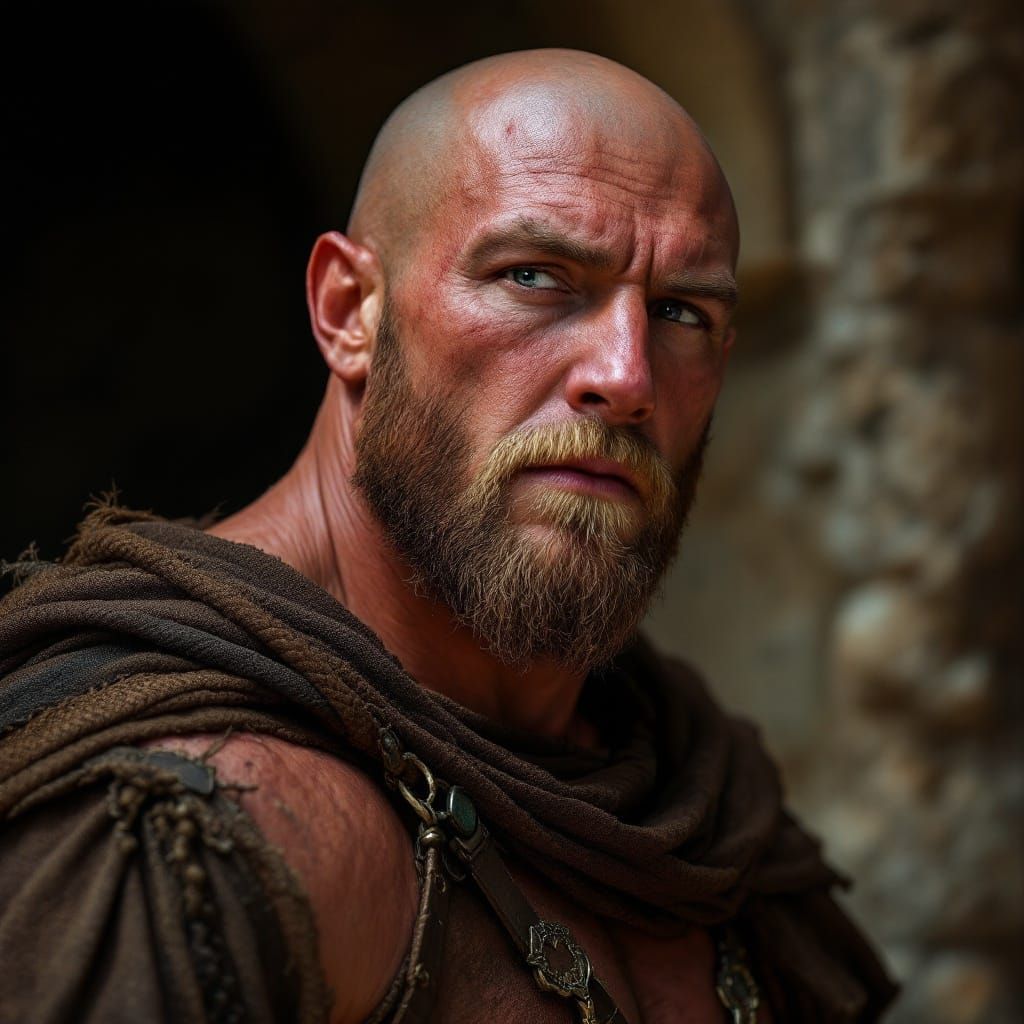 Muscular Medieval Warrior in Tattered Armor