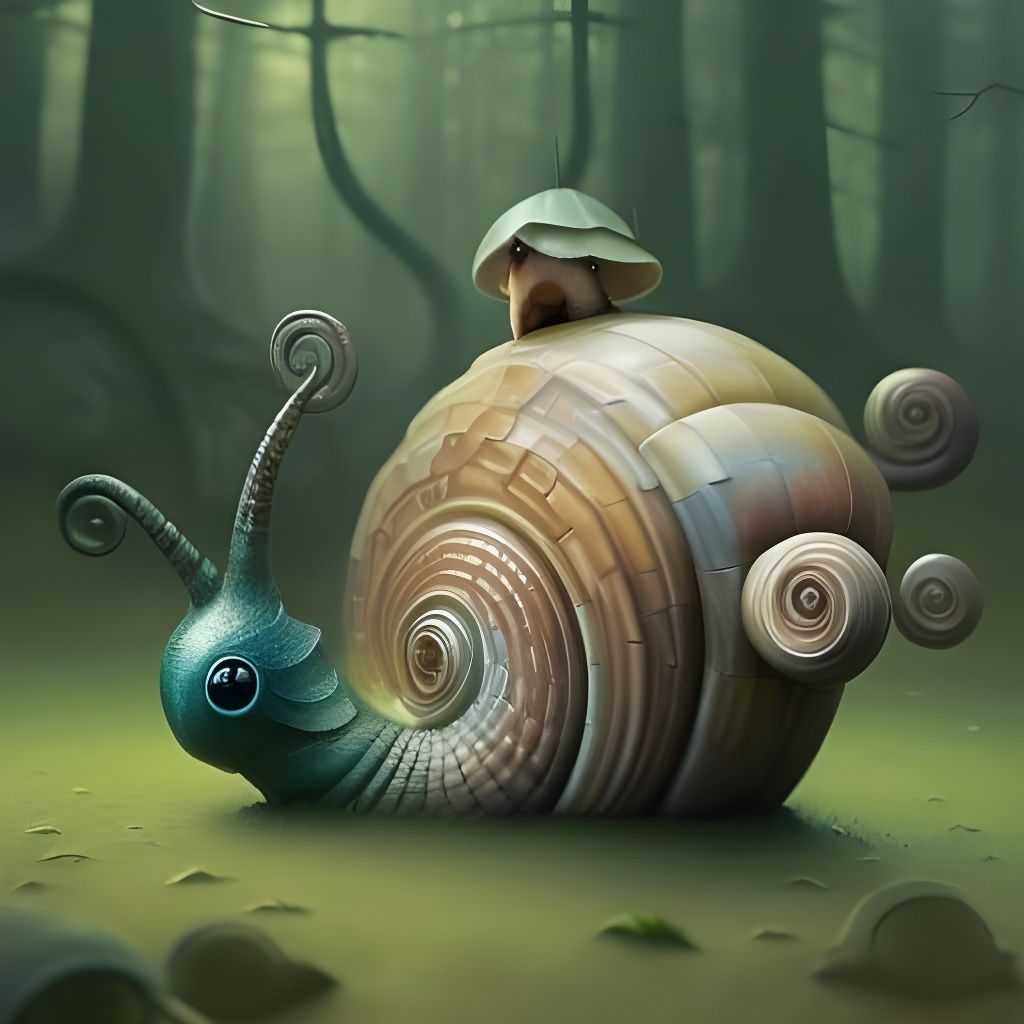Fantasy Snail with Houses, Forest Background