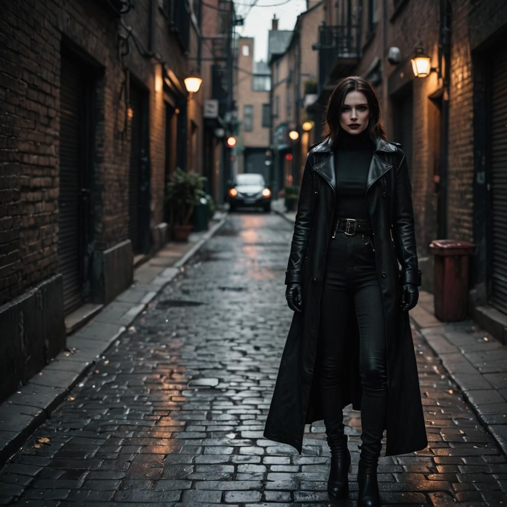 Gothic Vampire Woman in Dimly Lit Alleyway