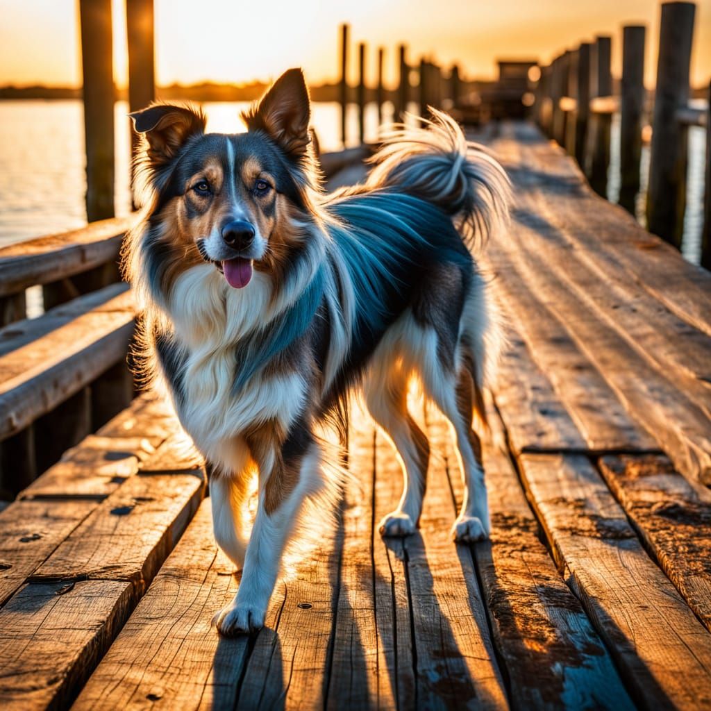 Hyperrealistic Woman Walks Dog on Weathered Pier
