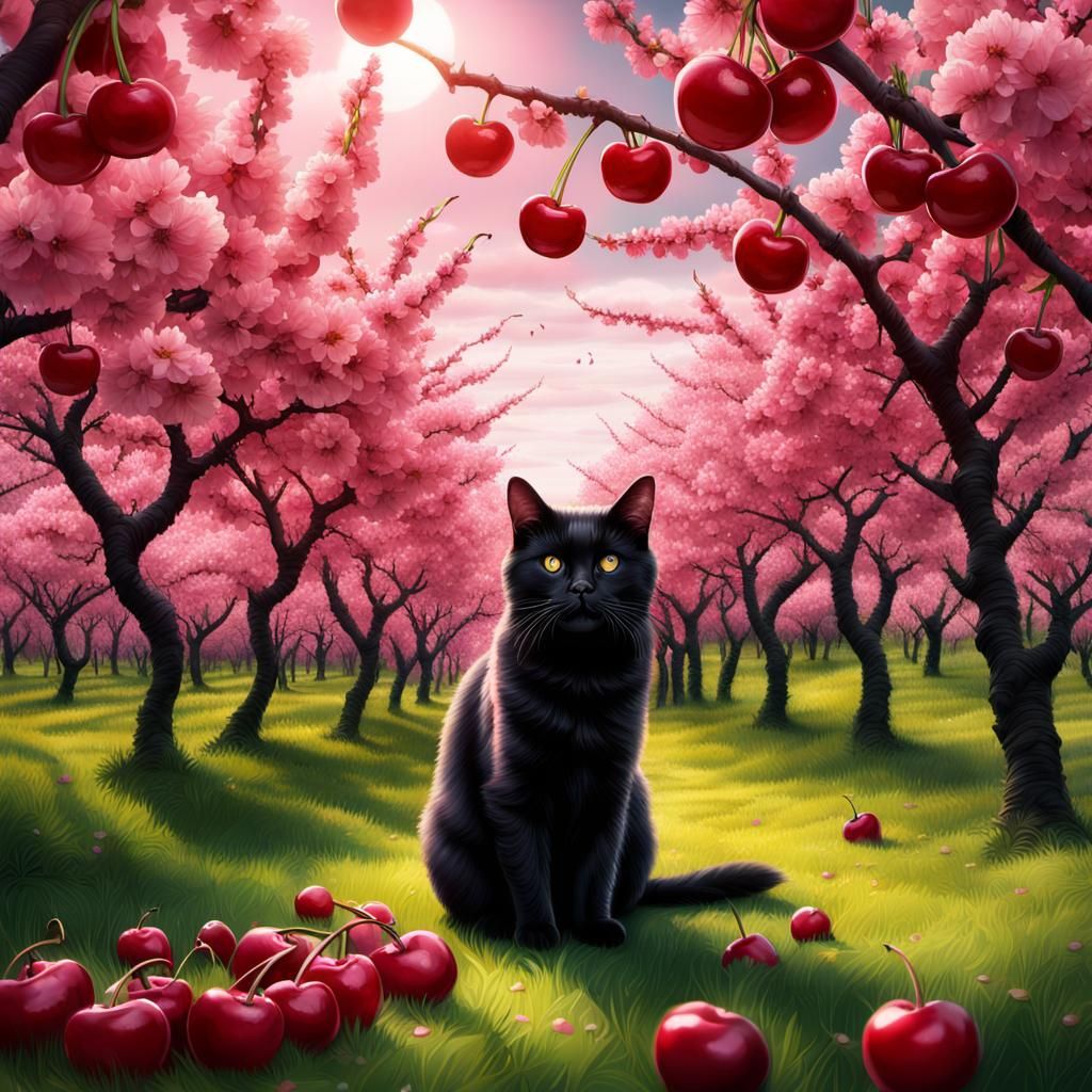 Luminescent Cherry Orchard with Giant Cherries