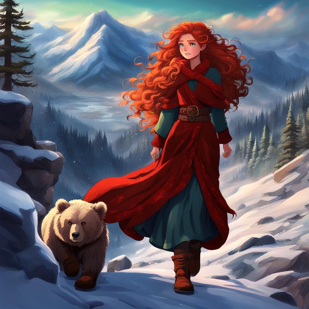 Adventurous Freckled Princess in a Northern Lights Scene