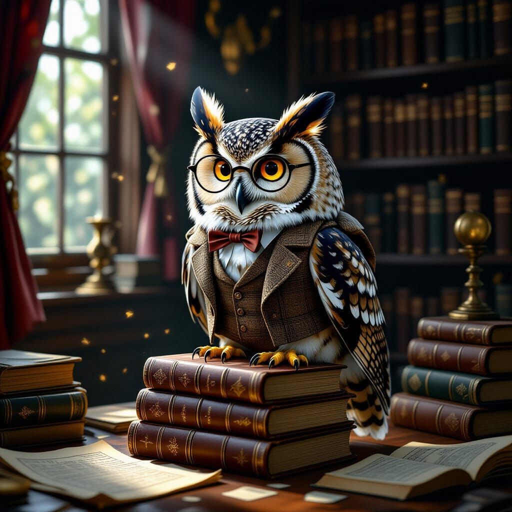 Wise Owl Scholar in Cozy Study, Digital Painting
