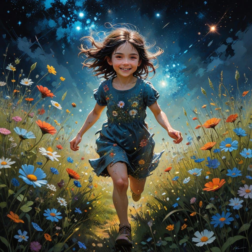 Girl Runs Through Vibrant Meadow in Dark Fantasy Style
