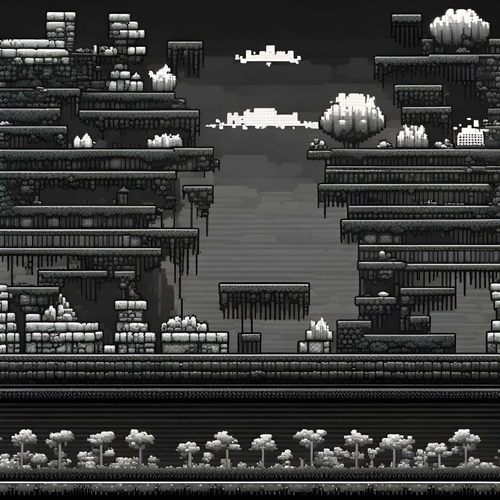 Glitchy Black and White Pixel Art Game Tileset