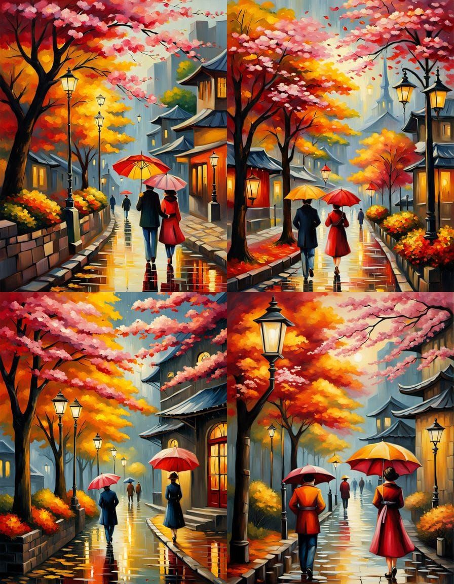 Romantic Rainy Evening Street Scene with Cherry Blossoms