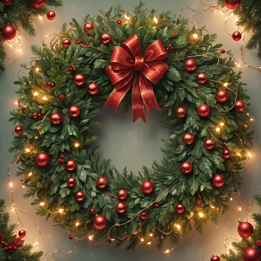 Vibrant Holiday Greenery with Red Accents and Soft String Li...