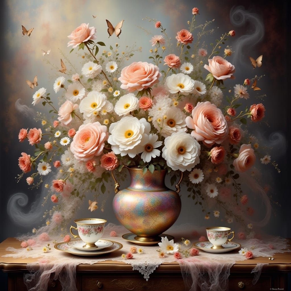 Ethereal Fantasy Floral Composition in Surrealist Style