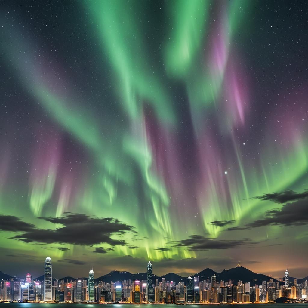 Aurora Borealis Over Hong Kong Night Sky