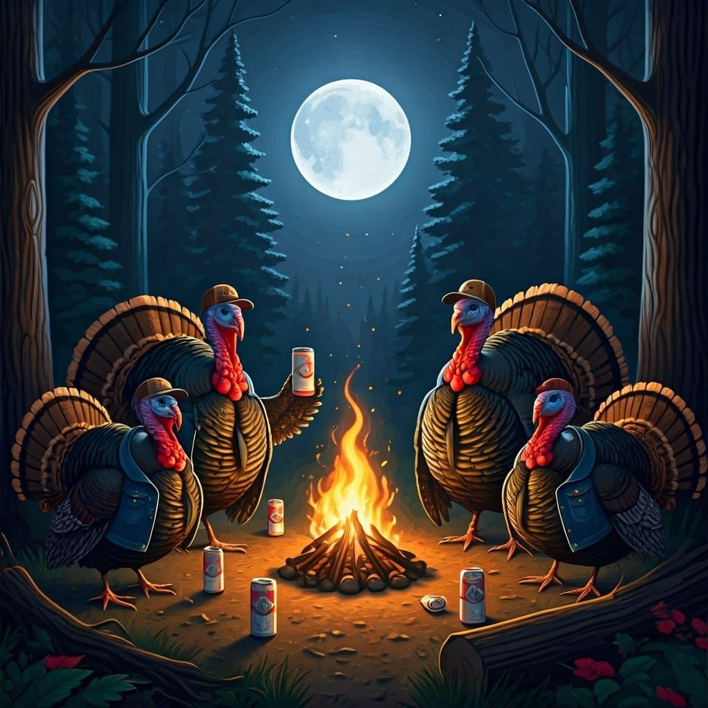 Turkeys Drinking Beer by Campfire in Folk-Art Style