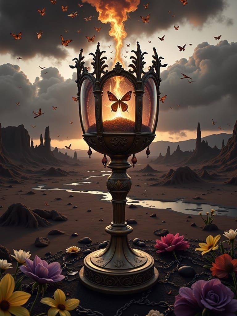 Surreal Landscape with Giant Glowing Chalice and Swarming Mo...