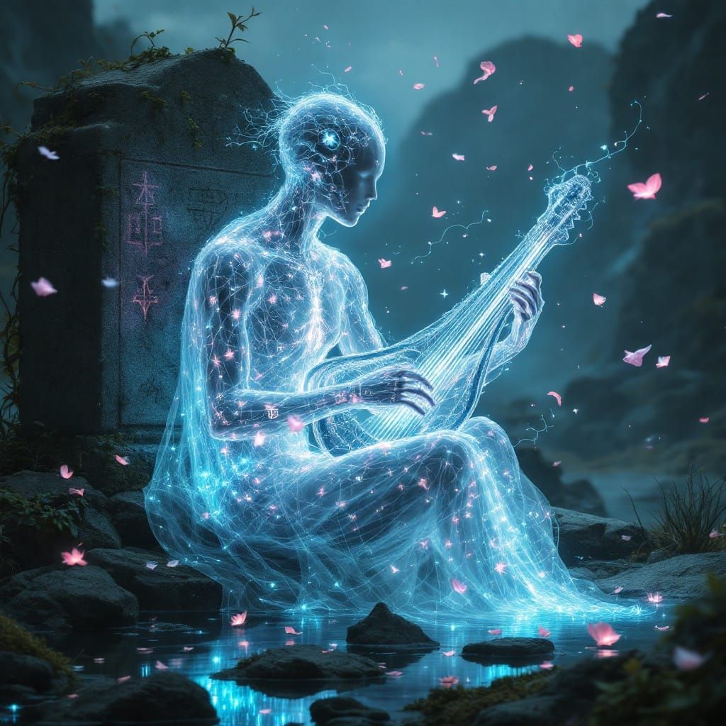 Silver Rune Wanderer Plays Lyre at Ancient Shrine