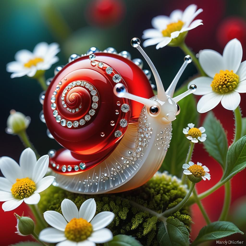Adorable Red Glass Snail Portrait with Flowers