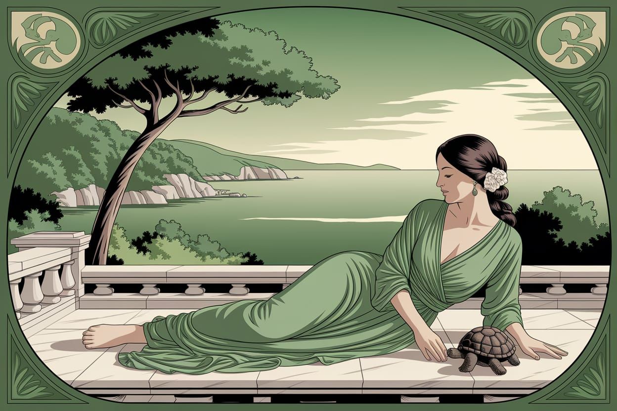 Art Nouveau Serenity: Woman and Tortoise on Marble Terrace
