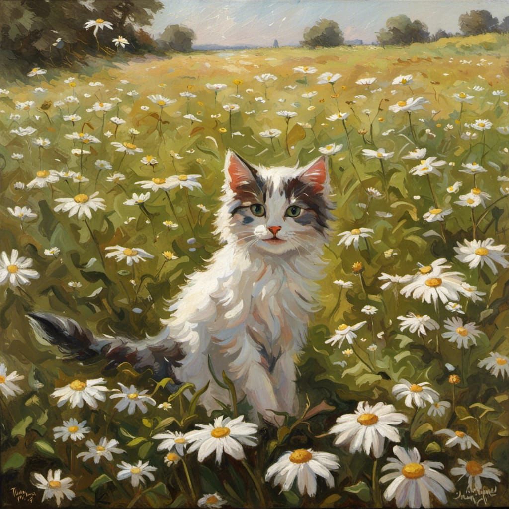 Idyllic Kitten Playing in Sunny Daisy Field