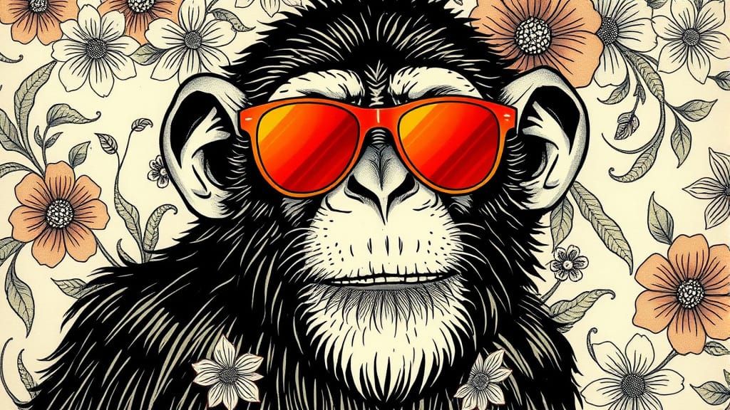 Playful Monkey in Art Nouveau Setting with Floral Patterns