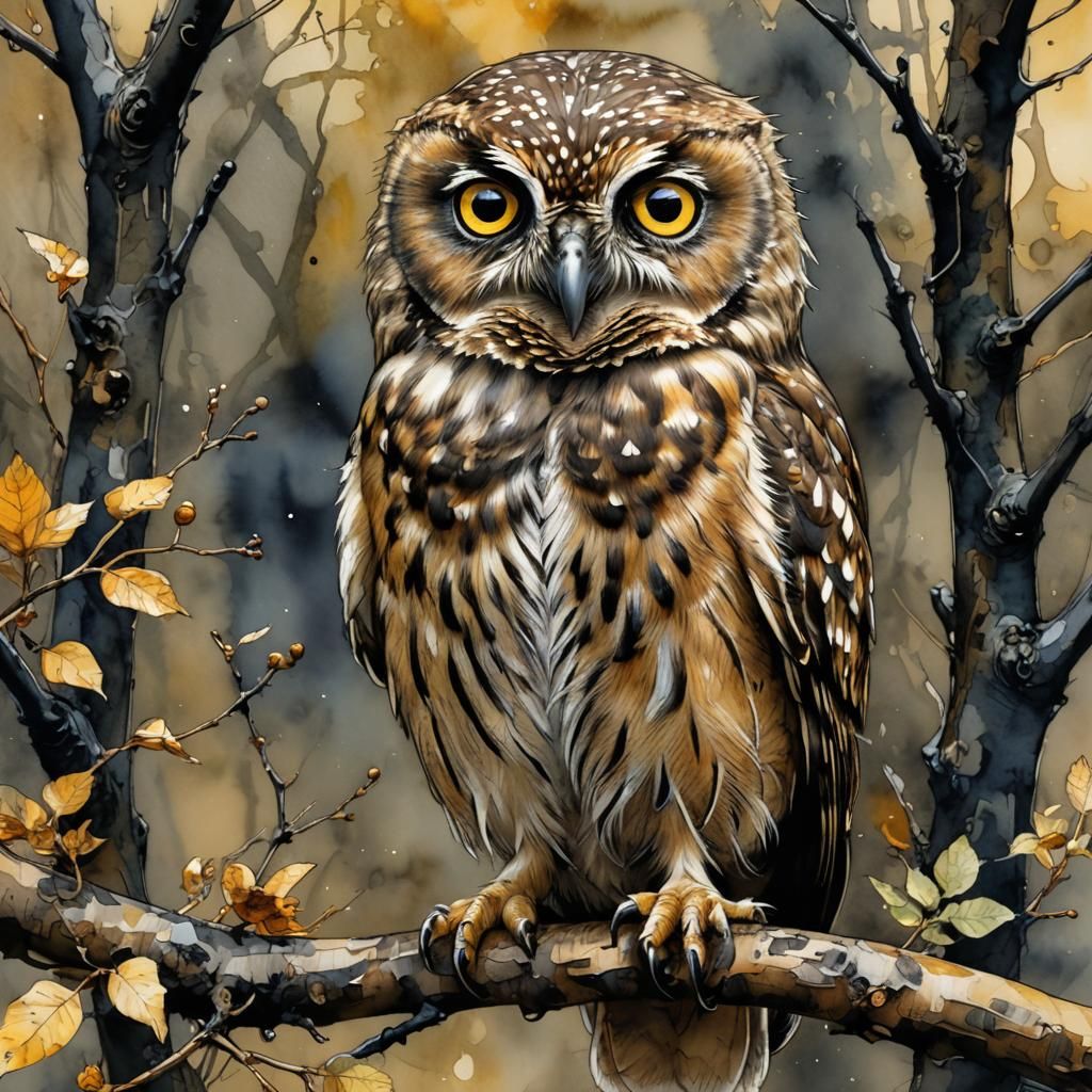 Ink Portrait of Little Owl on Branch