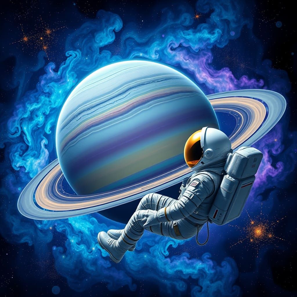 Surreal Astronaut Encounters Turquoise Planet Saturn in Cosm...