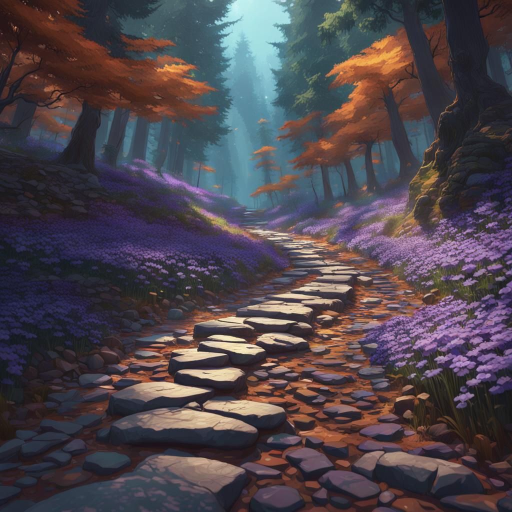 Cobblestone Trail with Purple Flowers, Digital Art