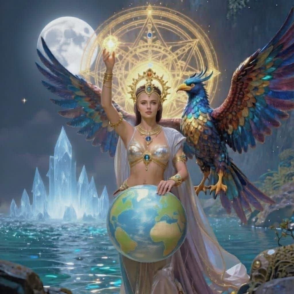 Goddess with Bird Guardian and Sacred Geometry