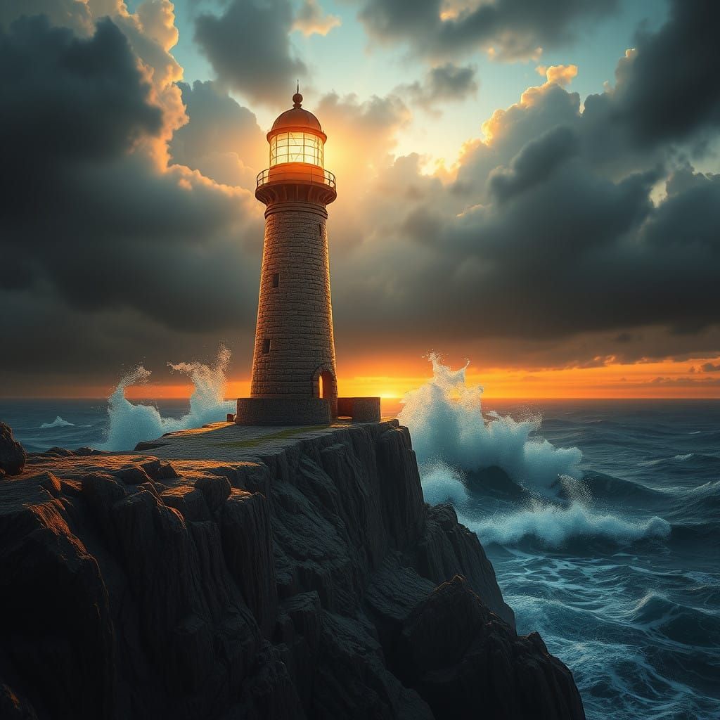 Ethereal Lighthouse Illuminates Turbulent Coastline in Warm,...