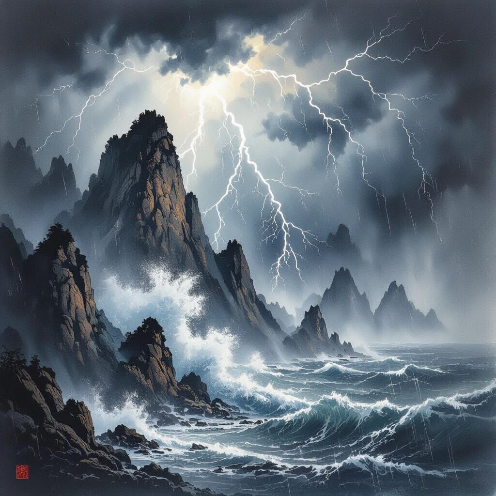 Chinese Ink Painting of Thunderstorm Fury on Mountains and S...