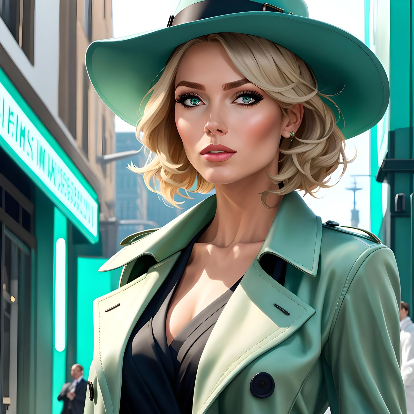 Strong Detective Woman in Seafoam Green Fedora