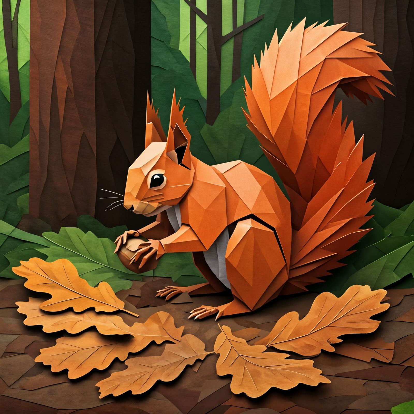 Red Squirrel Hiding Nuts in Origami Paper Collage