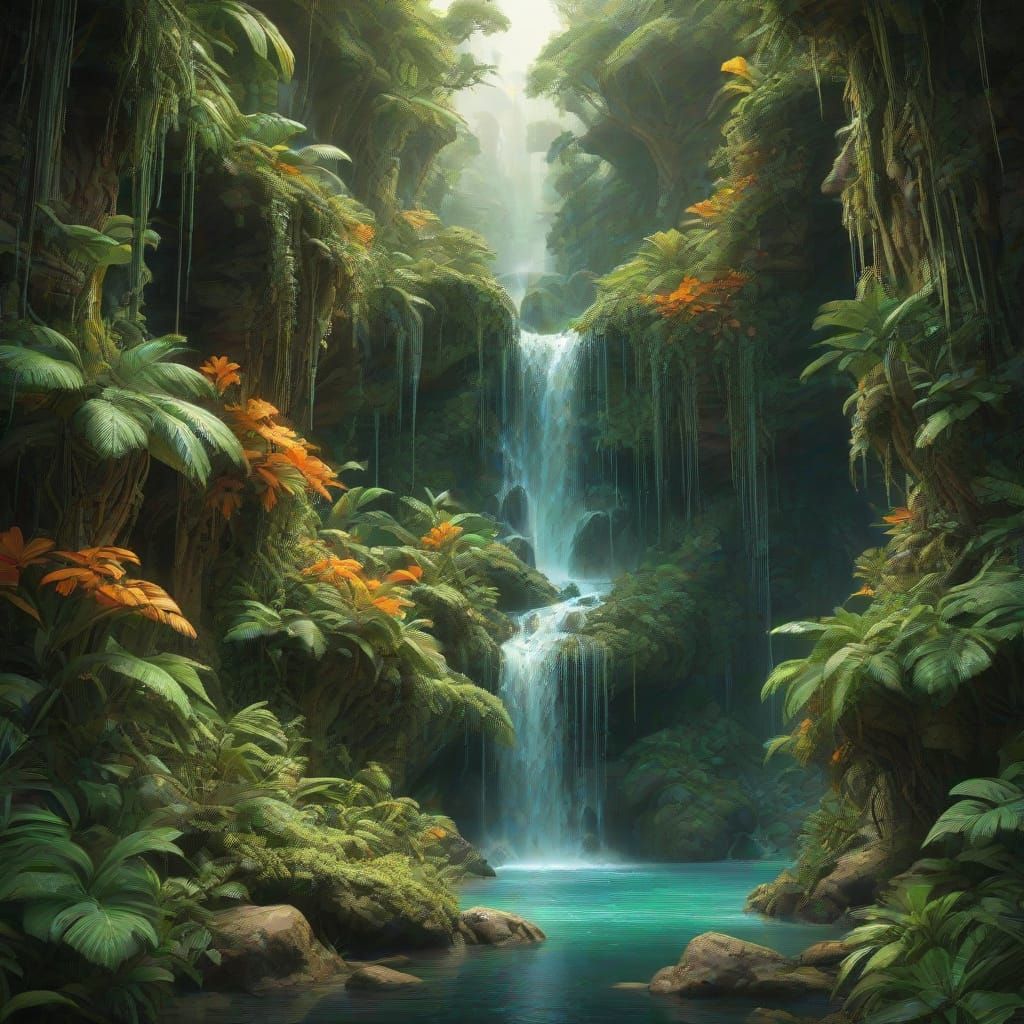 waterfalls in bright green orange", highly detailed mixed