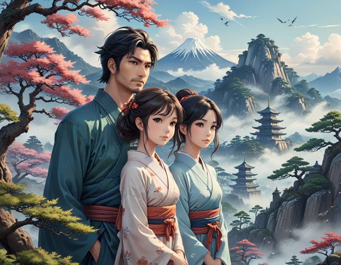 Anime Couple in Misty Japanese Mountains