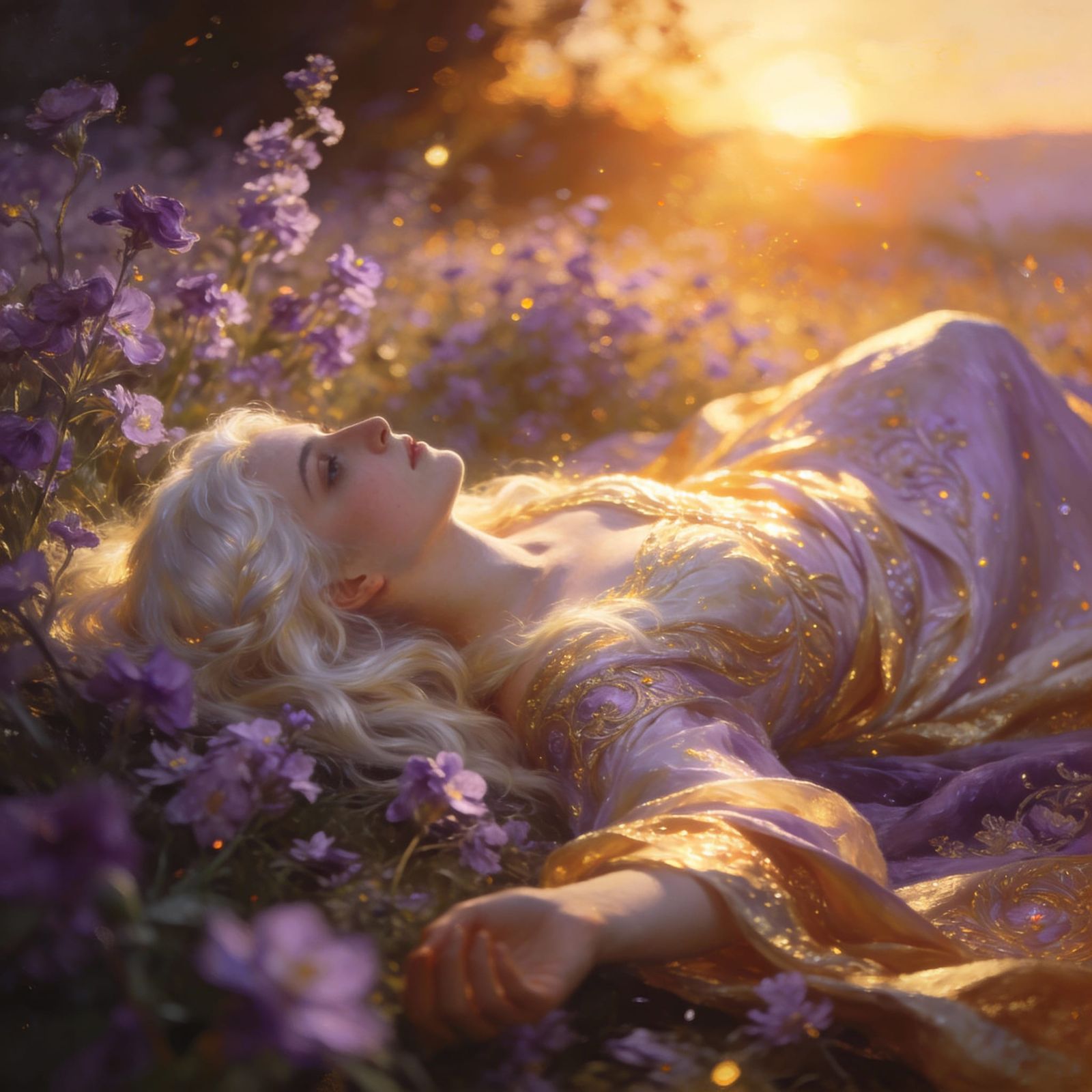 Fantasy Oil Painting of Woman in Purple Flowers