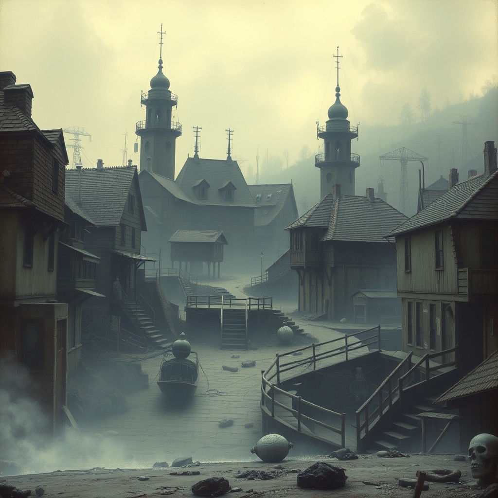 Eerie Seaside Town Inspired by Lovecraft as Matte Painting