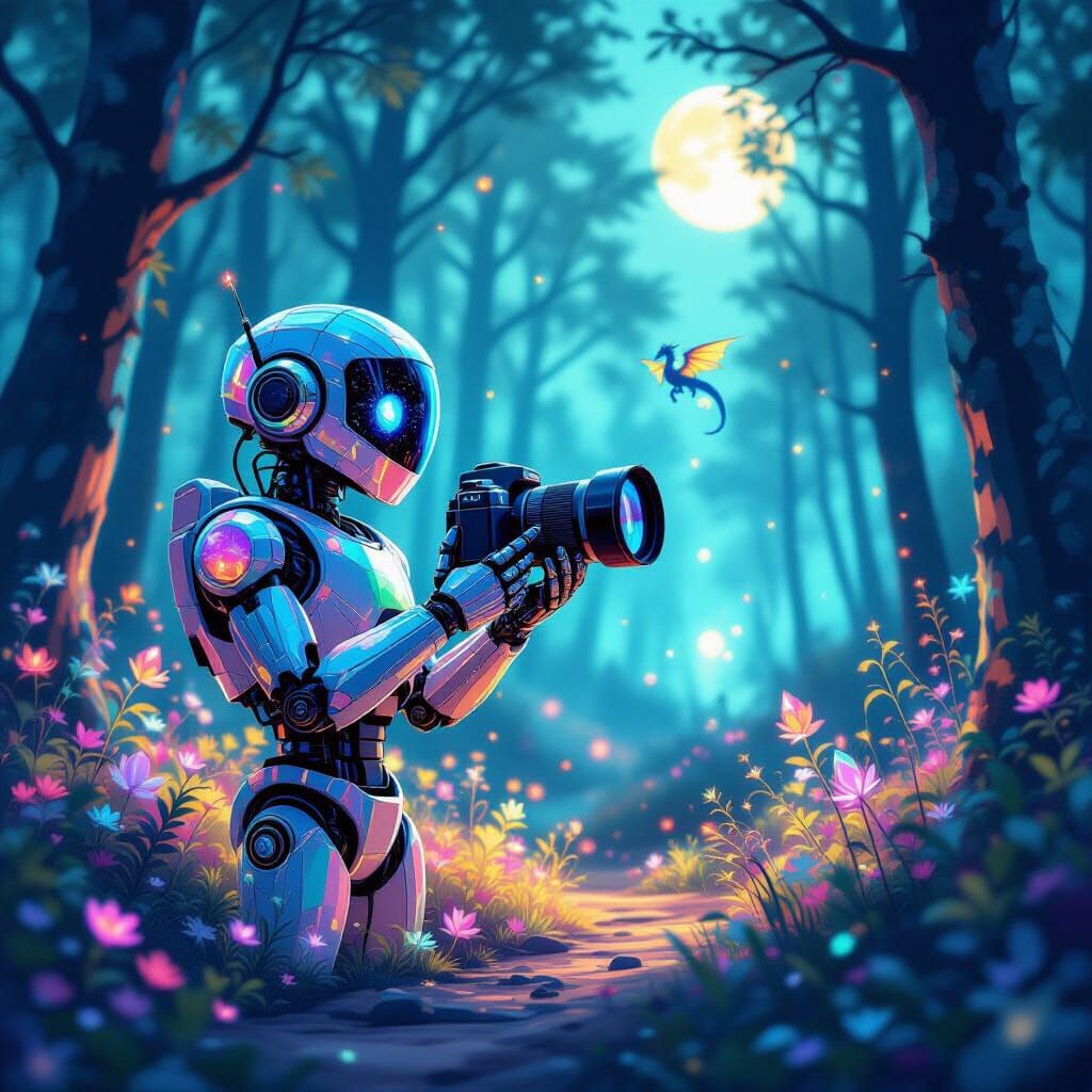 Crystal Robot in Bioluminescent Forest - Digital Painting