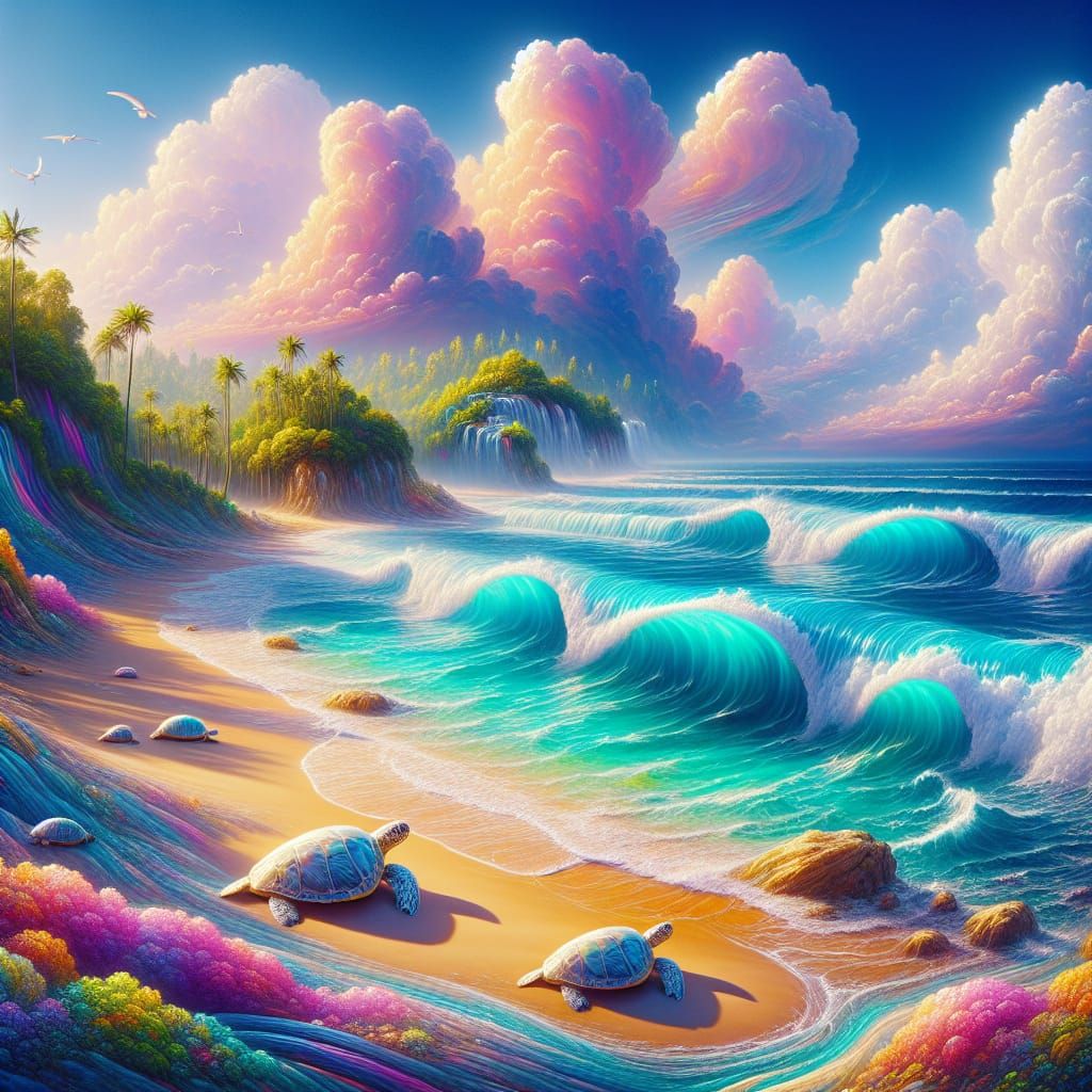 Enchanting Beach Landscape with Turtles: Fantasy Concept Art