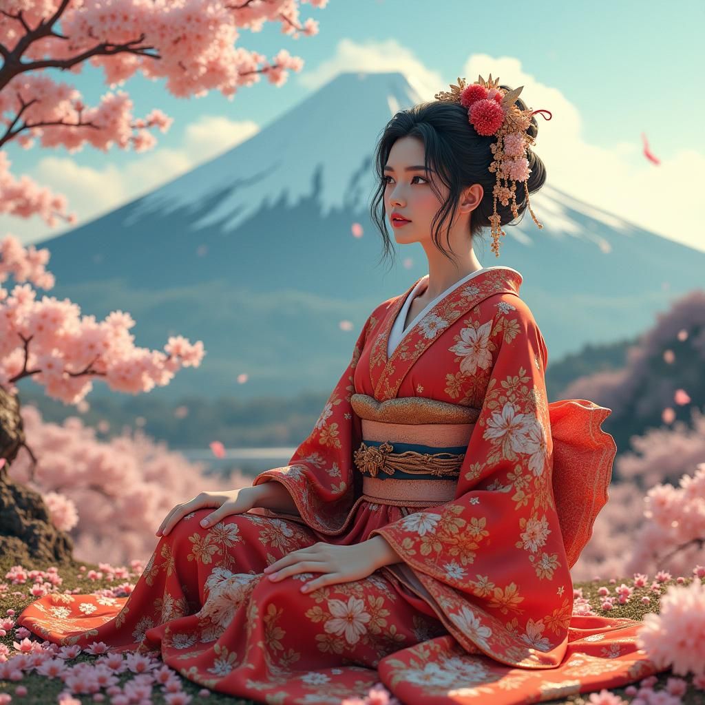 Japanese Woman in Kimono with Mount Fuji: Digital Art