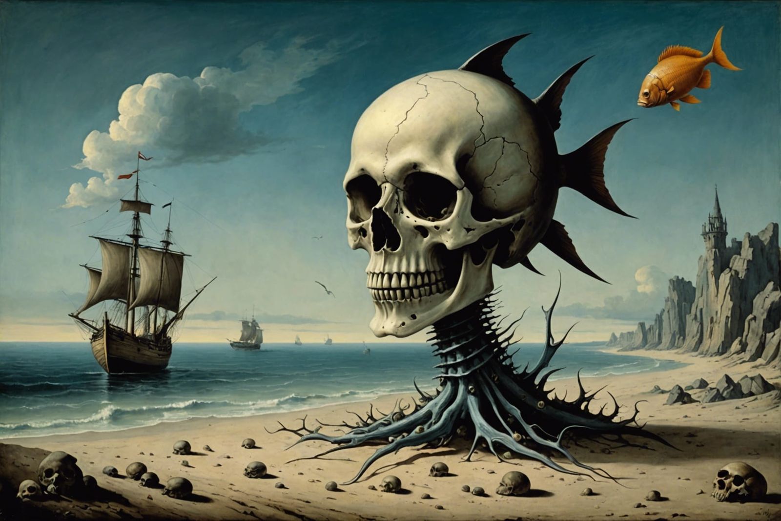 Surreal Fish and Skull Beach Painting