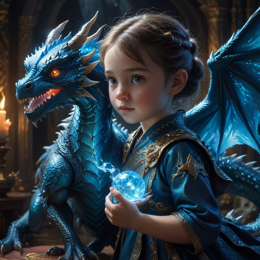 Girl Holds Glowing Baby Dragon, Fantasy Realism Oil Painting