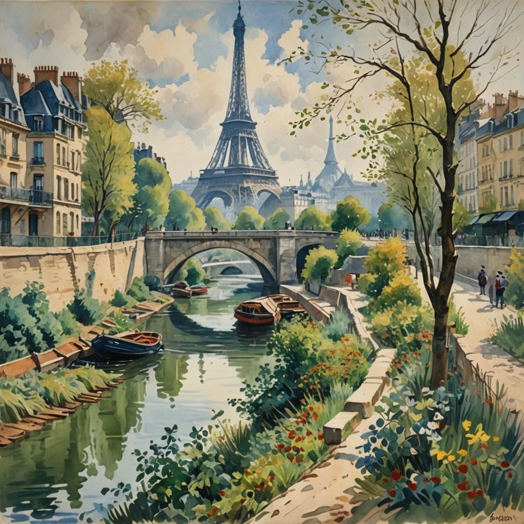 Eiffel Tower Construction in 1880s Paris: Gouache Style