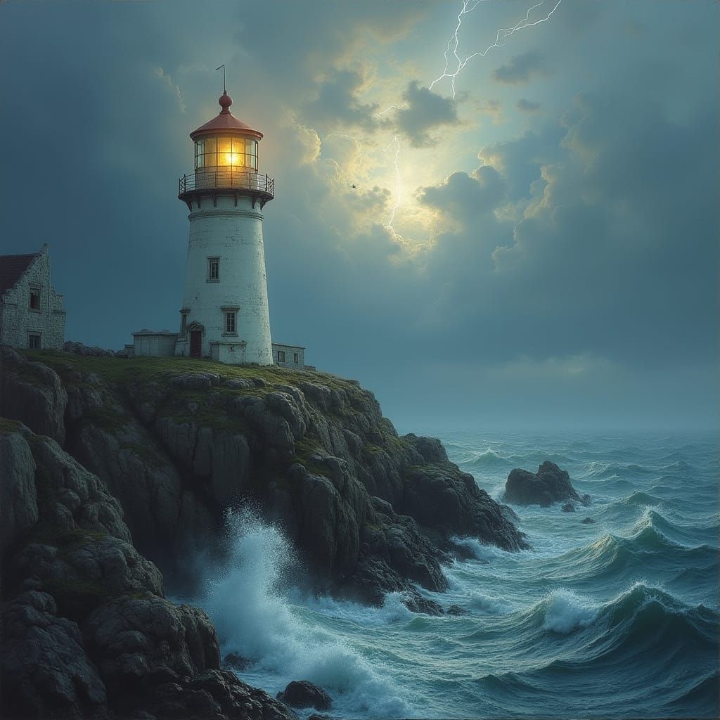 Luminous White Lighthouse Defies Turbulent Stormy Sea