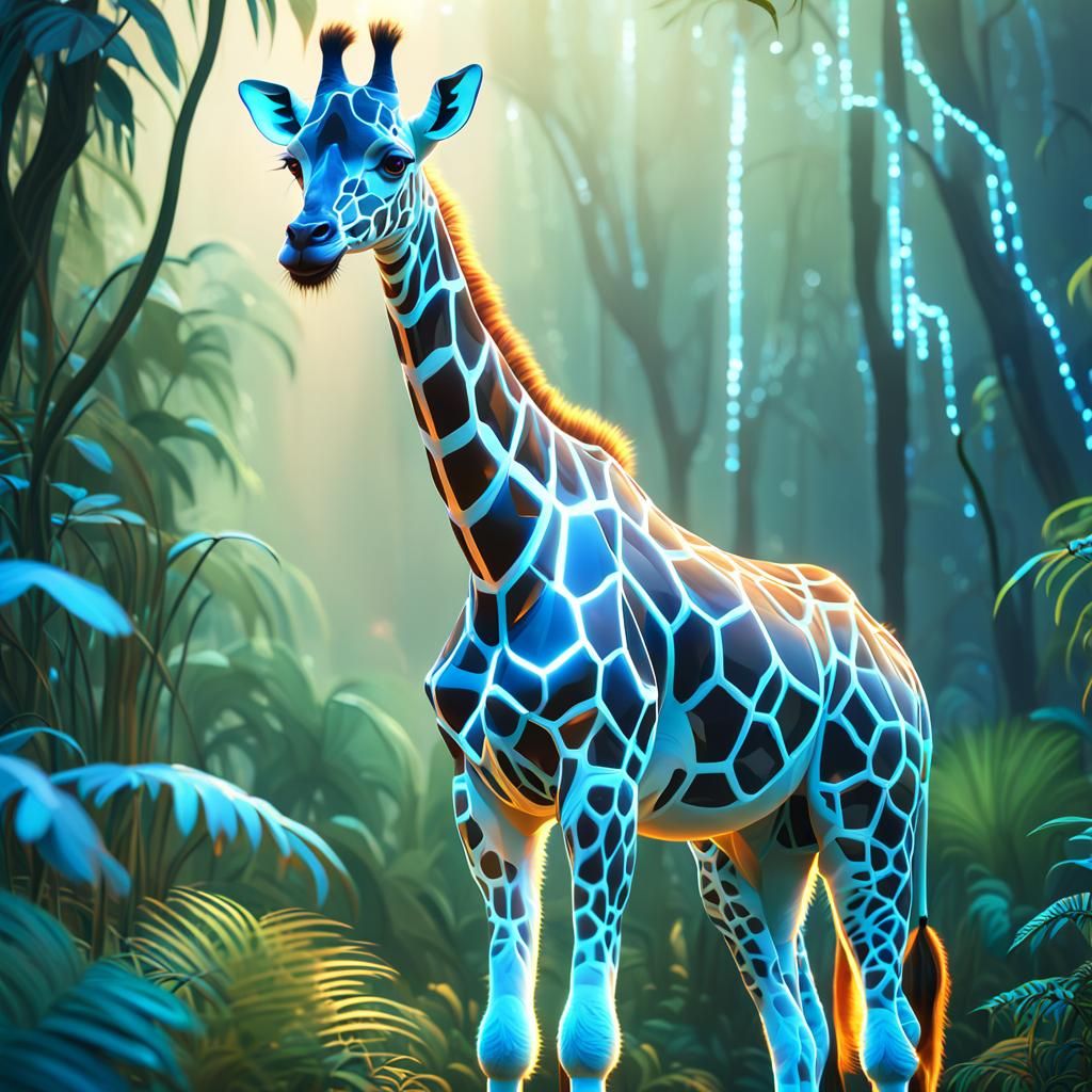 Hyper realistic cute adorable fluffy circuit giraffe, in the african dschungel , crystal glass-like, surrealist, white g...