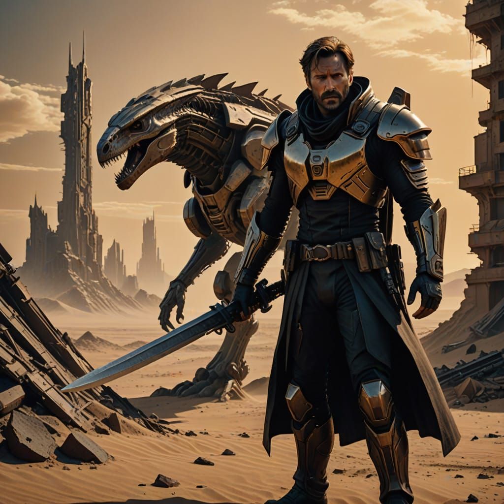 Cybernetic Knight in Post-Apocalyptic Ruins