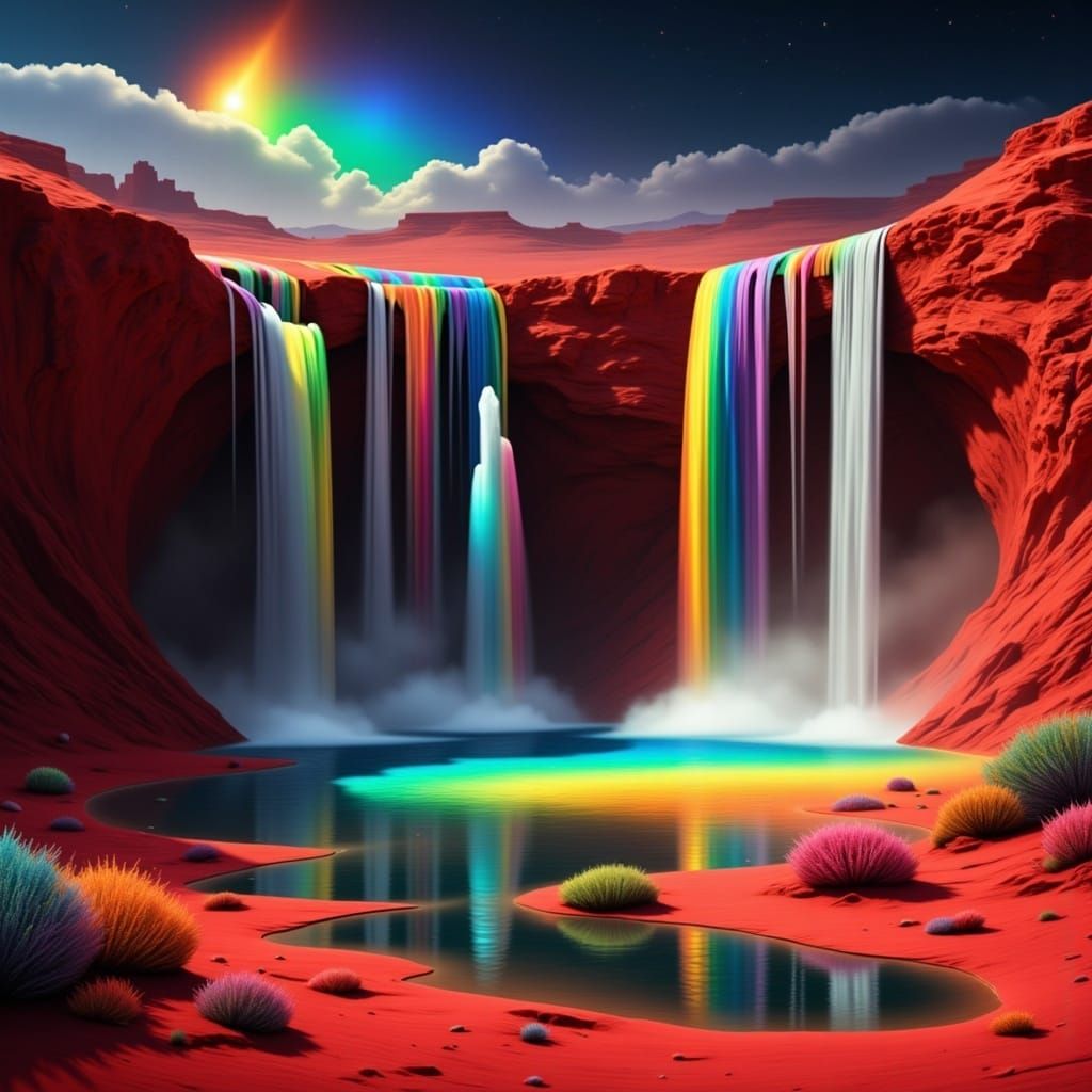 Rainbow Waterfalls on Red Alien Planet