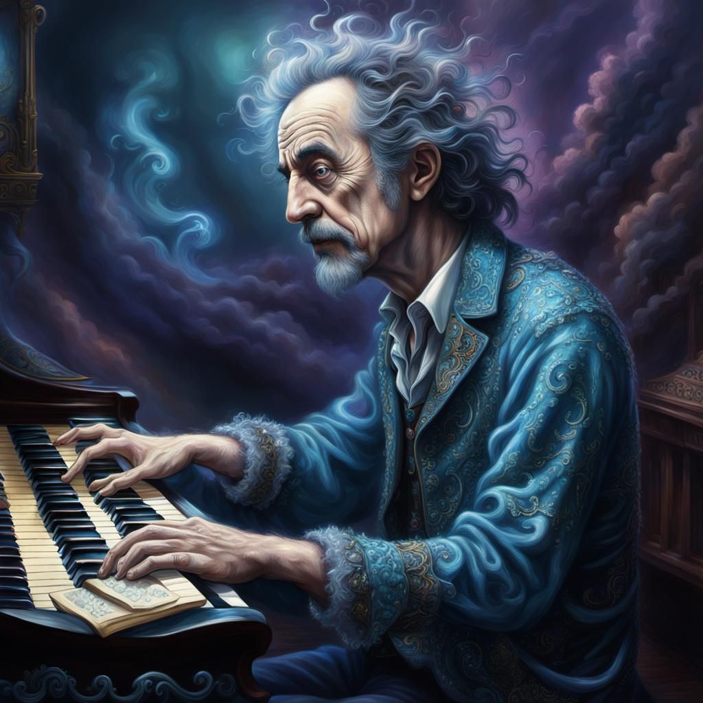 Piano Tuner at Work: Surreal Photorealistic Scene
