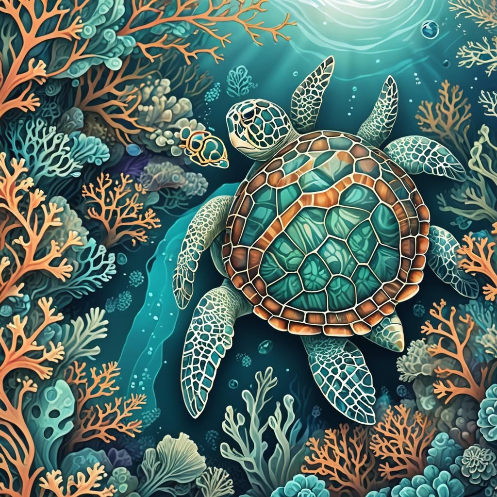 Sea Turtle in Abstract Fractal Coral Reef